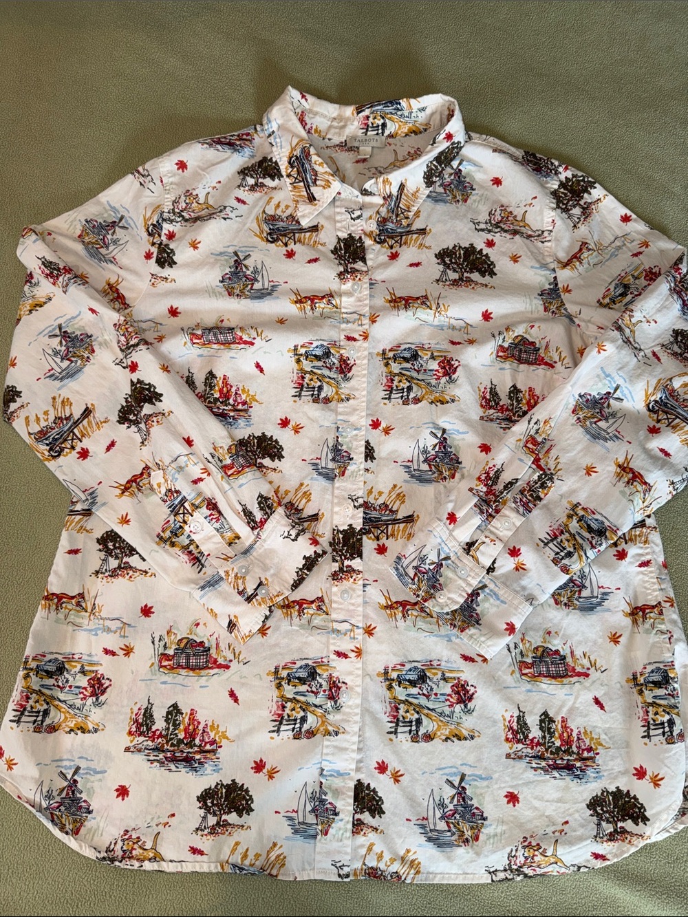 Talbots Novelty Fall White Button-Down Shirt with Scenic Print